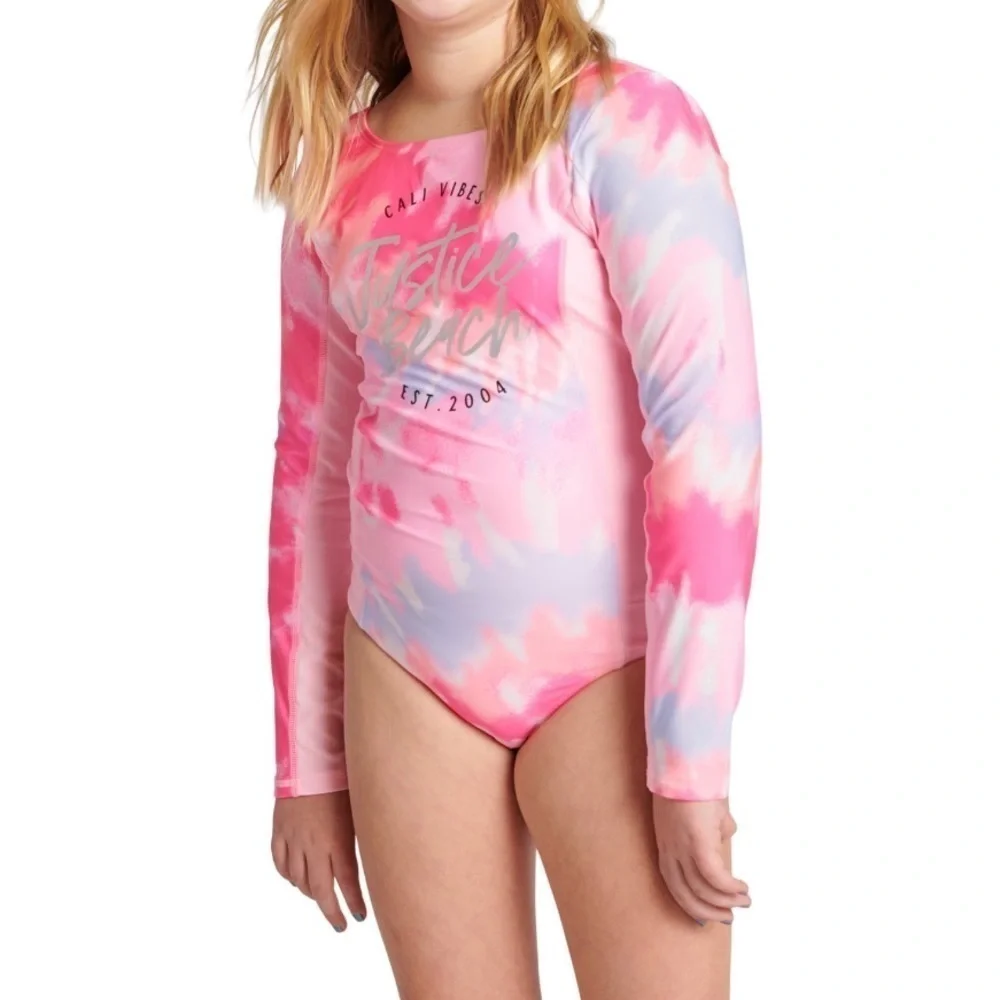 Justice girls one piece long sleeve rashguard swimsuit size XS 5/6